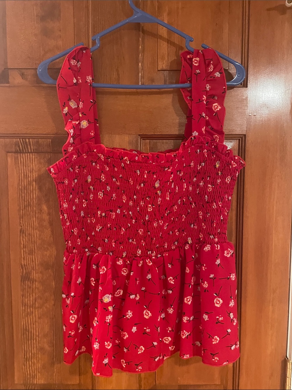 SHEIN Red Floral Smocked Tank Top